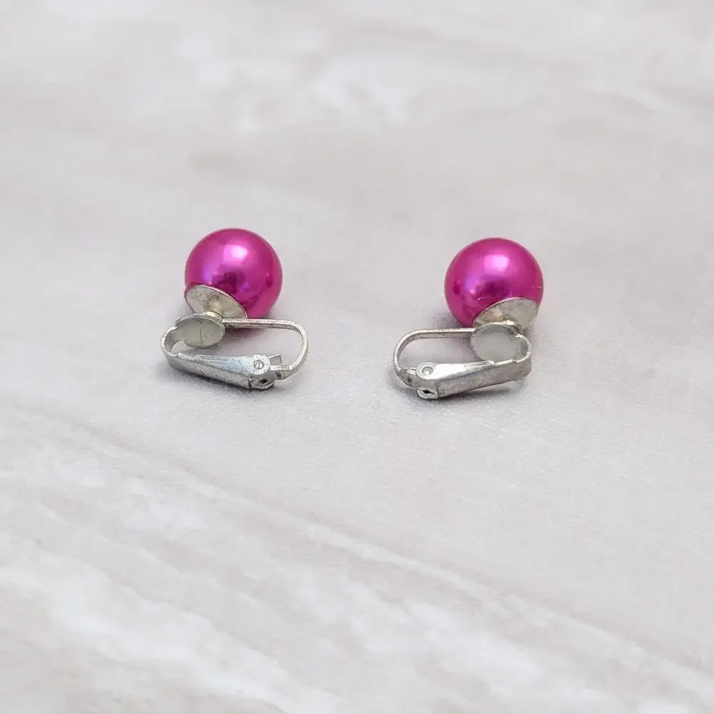 Vintage Clip On Earrings Bright Pink Ball / Faux Pearl Statement Retro Glam